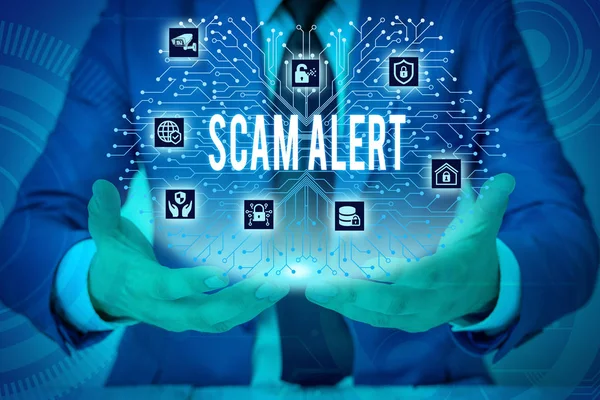 Text sign showing Scam Alert. Conceptual photo unsolicited email that claims the prospect of a bargain Male human wear formal work suit presenting presentation using smart device.