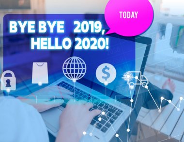El yazısı metin Bye Bye 2019 Merhaba 2020. Kavram geçen yıl veda ve başka bir iyi bir kadın simgeleri bilgisayar konuşma kabarcık ofis malzemeleri teknolojik cihaz karşılama anlamı.