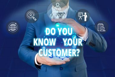 Writing note showing Do You Know Your Customer Question. Business photo showcasing service identify clients with relevant information Male human wear formal work suit presenting using smart device.