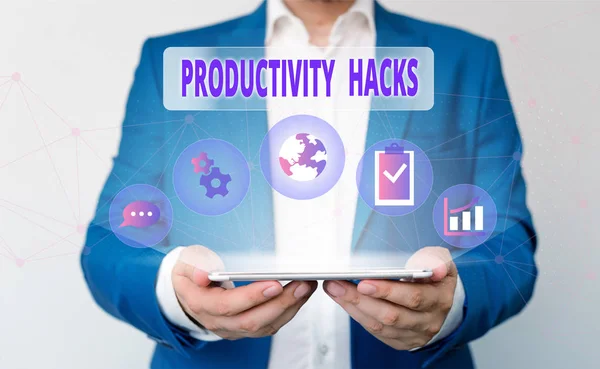Word writing text Productivity Hacks. Business concept for tricks that you get more done in the same amount of time Male human wear formal work suit presenting presentation using smart device. — Stockfoto