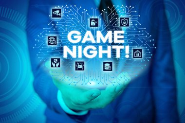 Kelime yazma metin Oyun Gecesi. Genellikle onun arkadaşları ile poker gibi yetişkin oyun tarihleri denir için İş konsepti Erkek giyim resmi iş elbisesi akıllı cihaz kullanarak sunum sunan.