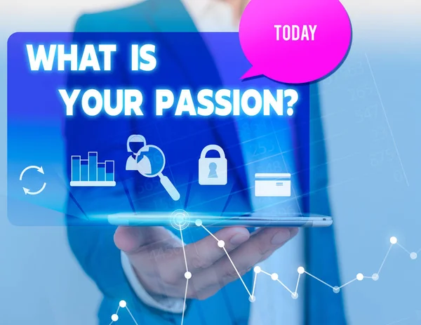 Text sign showing What Is Your Passion Question. Conceptual photo asking about his strong and barely controllable emotion man icons smartphone speech bubble office supplies technological device. — Stockfoto