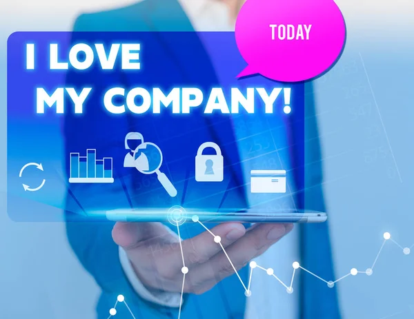 Sinal de texto mostrando I Love My Company. Foto conceitual dizer por que admirar o seu trabalho e local de trabalho ícones do homem smartphone fala bolha escritório fornece dispositivo tecnológico . — Fotografia de Stock