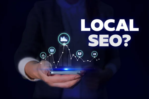 Handwriting text Local Seoquestion. Concept meaning incredibly effective way to market your local business online Woman wear formal work suit presenting presentation using smart device.