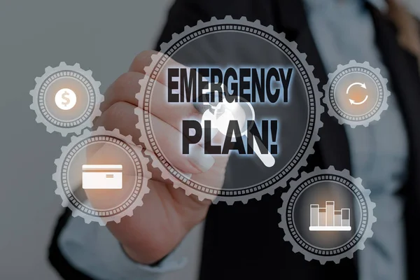 Text sign showing Emergency Plan. Conceptual photo actions developed to mitigate damage of potential events Woman wear formal work suit presenting presentation using smart device. — Stock Photo, Image