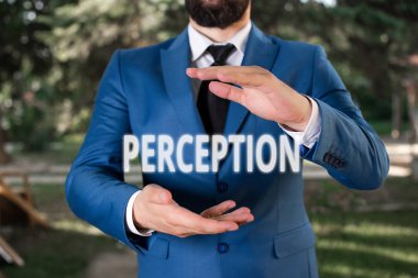 El yazısı metin Algısı. Kavram anlamı bireylerin duyusal izlenimlerini organize ve yorumlamak İnsan açık elleri ile süit duruyor. Kopya alanı ve insan ile kavram.