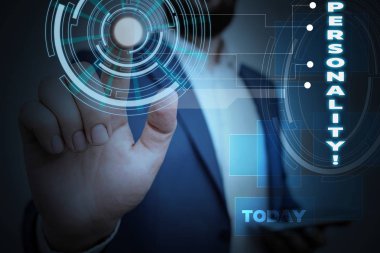 Kelime yazma metin Kişilik. Bireyler karakter erkek giyim resmi iş elbisesi akıllı cihaz kullanarak sunum sunan oluşturan kombinasyon özellikleri için iş konsepti.