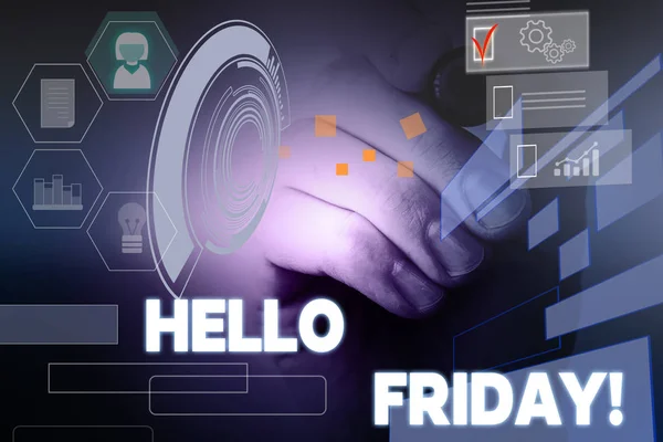 Text sign showing Hello Friday. Conceptual photo you say this for wishing and hoping another good lovely week Male human wear formal work suit presenting presentation using smart device.