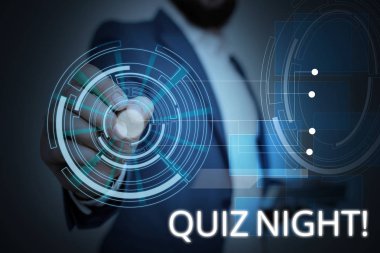 Writing note showing Quiz Night. Business photo showcasing evening test knowledge competition between individuals Male wear formal suit presenting presentation smart device. clipart