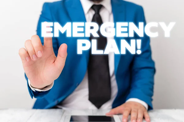 Handwriting text writing Emergency Plan. Concept meaning actions developed to mitigate damage of potential events Businessman with pointing finger in front of him. — Stock Photo, Image