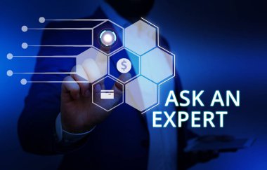 Kelime yazma metni Bir Uzman sor. Akıllı cihaz kullanarak sunum sunan bir şey veya bilgili Erkek insan giyim resmi iş elbisesi hakkında beceri ye sahip birine danışmak için iş konsepti.