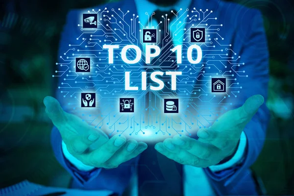 Word writing text Top 10 List. Business concept for the ten most important or successful items in a particular list Male human wear formal work suit presenting presentation using smart device. — Stock Photo, Image