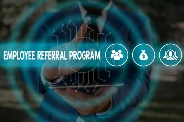 Handwriting text Employee Referral Program. Concept meaning employees are rewarded for introducing recruits Male human wear formal work suit presenting presentation using smart device. — Stock Photo, Image
