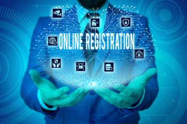 Çevrimiçi Kaydı gösteren not yazma. İnternet üzerinden abone olmak veya kayıt için İş fotoğraf vitrin Sistemi Erkek sunum akıllı cihaz sunan resmi iş elbisesi giymek.