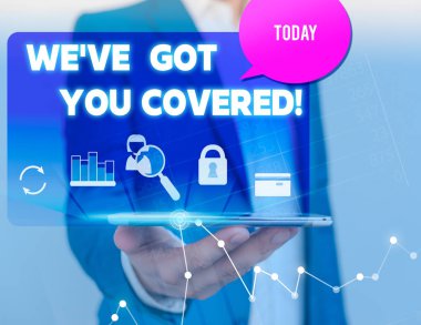 Biz Sizi Ele Aldık'ı gösteren bir metin işareti. Kavramsal fotoğraf kazanılmış ya da ne olursa olsun gerekli adam simgeleri akıllı telefon konuşma kabarcık ofis malzemeleri teknolojik cihaz sağladık.