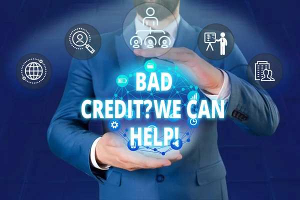 Writing note showing Bad Credit Question We Can Help. Business photo showcasing offering help after going for loan then rejected Male human wear formal work suit presenting using smart device. — Φωτογραφία Αρχείου