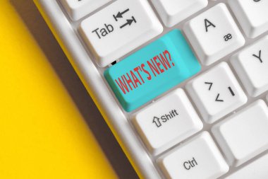 El yazısı metin Ne S Yeni Soru. Kavram anlamı onun mevcut canlı olaylar eylemleri hakkında birine sorduğumda beyaz arka plan tuşu kopyalama alanı üzerinde boş not kağıdı ile Beyaz pc klavye.