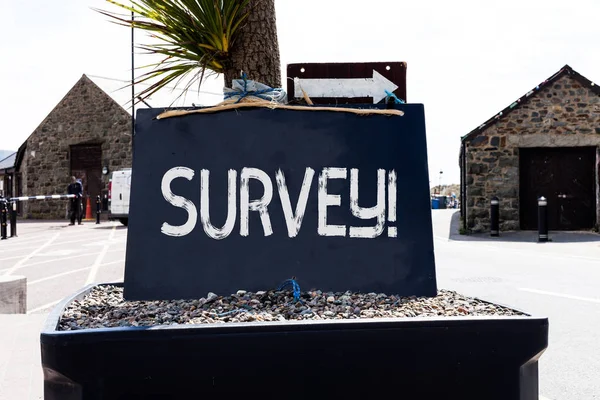 Text sign showing Survey. Conceptual photo research method used for collecting data from a predefined group Empty black board with copy space for advertising. Blank dark board.