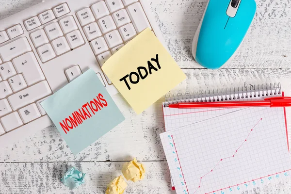 Signo de texto que muestra nominaciones. Foto conceptual el acto de sugerir oficialmente a alguien para un trabajo o posición Equipos de escritura y material informático colocado por encima de la mesa de madera clásica . — Foto de Stock