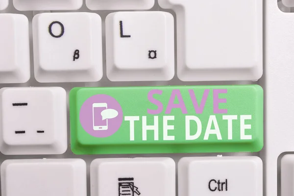 Writing note showing Save The Date question. Business photo showcasing asking someone to remember specific day or time Keyboard with note paper on white background key copy space. — Stock Photo, Image