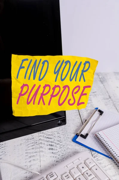 Conceptual hand writing showing Find Your Purpose question. Business photo showcasing reason for something is done or for which exists Note paper taped to black screen near keyboard stationary. — Stock Photo, Image