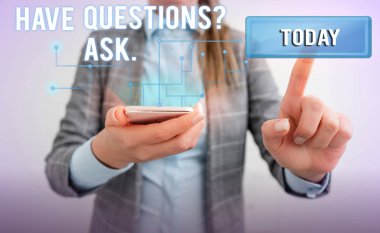 Kelime yazma metni Soru Soru sor. El mavi parlaklık fütüristik modern teknoloji teknoloji bakmak sunan bir gösterici Lady ön sormak için söylemek ya da yazmak bir şey için İş kavramı.