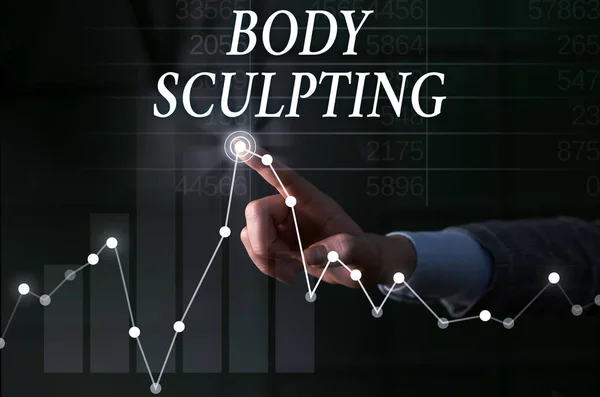 Text sign showing Body Sculpting. Conceptual photo activity of increasing the body s is visible muscle tone Lady presenting hand blue glow futuristic modern technology tech graph economy look.