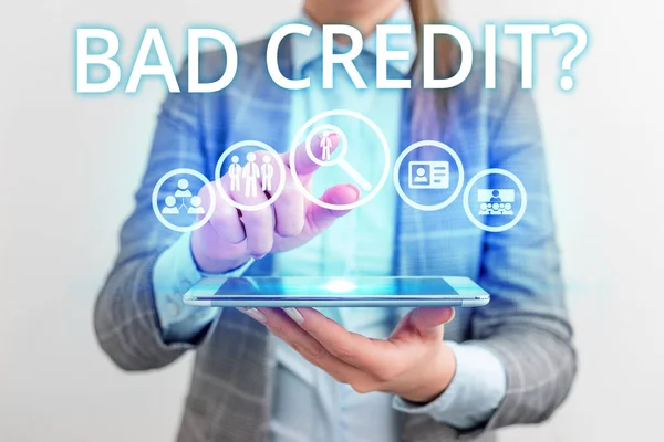 Conceptual hand writing showing Bad Creditquestion. Business photo text inabilityof a demonstrating to repay a debt on time and in full Lady front presenting hand blue glow futuristic modern — Stock Photo, Image