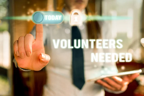 Writing note showing Volunteers Needed. Business photo showcasing need work or help for organization without being paid Modern technology Lady front presenting hands blue glow copy space. — Stock Photo, Image