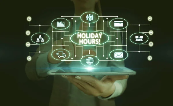 Handwriting text Holiday Hours. Concept meaning Overtime work on for employees under flexible work schedules Woman wear formal work suit presenting presentation using smart device.