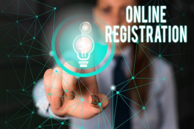 Kelime yazma metni Online Kayıt. Internet üzerinden abone olmak veya kayıt için Sistem için İş konsepti Kadın insan resmi iş elbisesi sunum sunan akıllı cihaz.