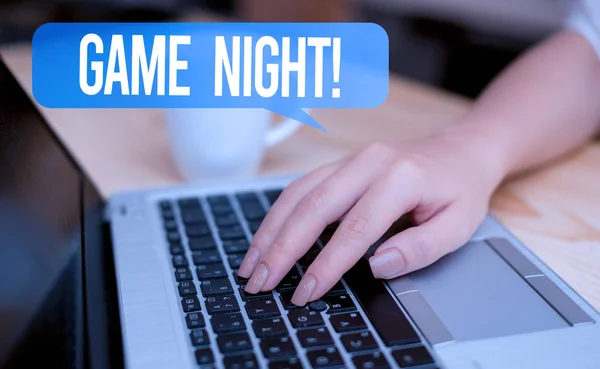 Word writing text Game Night. Business concept for usually its called on adult play dates like poker with friends woman laptop computer smartphone mug office supplies technological devices. — 스톡 사진