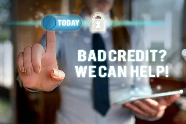 Writing note showing Bad Creditquestion We Can Help. Business photo showcasing offerr help to gain positive payment history Modern technology Lady front presenting hands blue glow copy space.