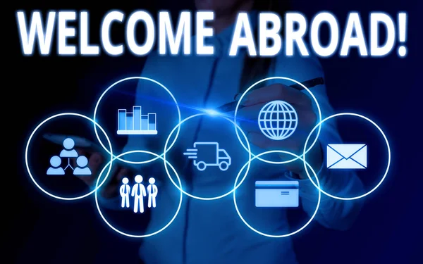 Conceptual hand writing showing Welcome Abroad. Business photo text something that you say when someone gets on ship Woman wear work suit presenting presentation smart device. — Stock fotografie