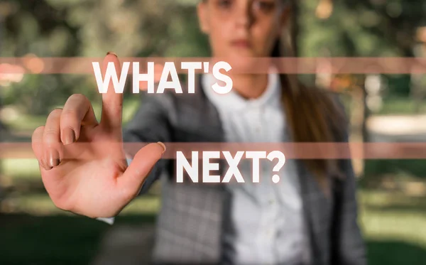 Word writing text What S Next Question. Business concept for asking demonstrating about his coming actions or behaviors Business woman in the nature pointing with the finger into empty space. — Stockfoto