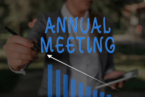 Word writing text Annual Meeting. Business concept for yearly meeting of the general membership of an organization Woman wear formal work suit presenting presentation using smart device.
