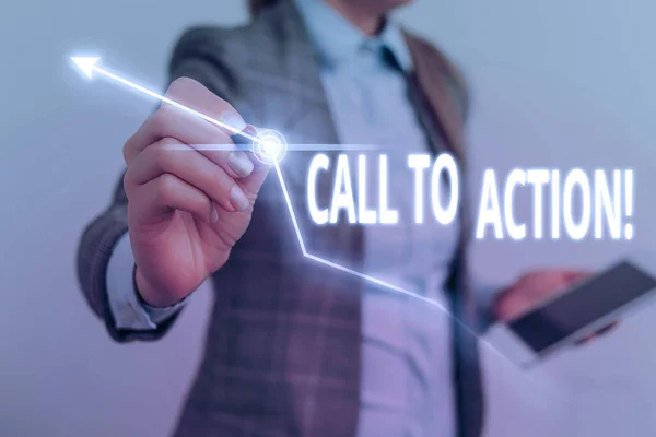 Manuscrito de texto escrevendo Call To Action. Conceito que significa exortação fazer algo para alcançar objetivo com problema . — Fotografia de Stock