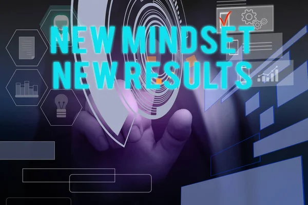 Text sign showing New Mindset New Results. Conceptual photo obstacles are opportunities to reach achievement Male human wear formal work suit presenting presentation using smart device. — Φωτογραφία Αρχείου