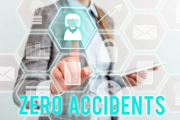 Writing note showing Zero Accidents. Business photo showcasing important strategy for preventing workplace accidents Lady front presenting hand blue glow futuristic modern technology. — 图库照片