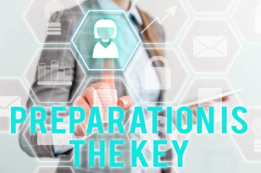 Writing note showing Preparation Is The Key. Business photo showcasing it reduces errors and shortens the activities Lady front presenting hand blue glow futuristic modern technology.