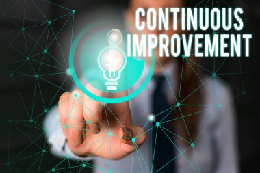 Kelime yazma metni Sürekli İyileştirme. Ürün veya süreçleri iyileştirmek için devam eden çaba için iş konsepti Sunum sunan kadın insan giyim resmi iş elbisesi kullanımı akıllı cihaz.