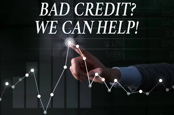 Text sign showing Bad Creditquestion We Can Help. Conceptual photo offerr help to gain positive payment history Lady presenting hand blue glow futuristic modern technology tech graph economy look. — Stock Photo, Image