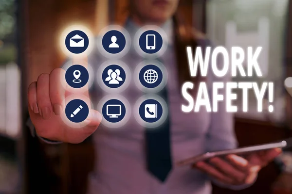 Tekst teken dat werk veiligheid weergeeft. Conceptueel foto beleid en-procedures om de gezondheid van werknemers te waarborgen. — Stockfoto