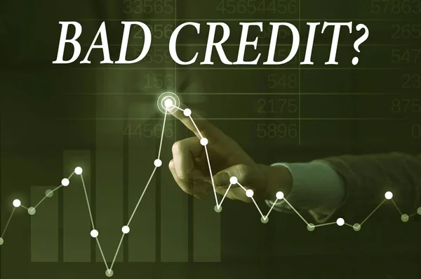 Text sign showing Bad Creditquestion. Conceptual photo inabilityof a demonstrating to repay a debt on time and in full Lady presenting hand blue glow futuristic modern technology tech graph economy — Stock Photo, Image