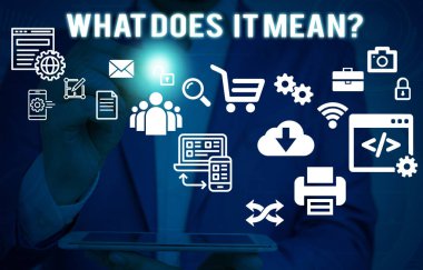 Ne Anlama Geldiğini gösteren metin işareti. Kavramsal fotoğraf belirsiz ifade Erkek insan giyim resmi iş elbisesi akıllı cihaz kullanarak sunum sunan iletişim kurmak için tasarlanmıştır.