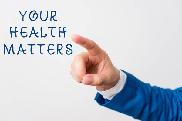 Word writing text Your Health Matters. Business concept for good health is most important among other things Isolated hand pointing with finger. Business concept pointing finger.