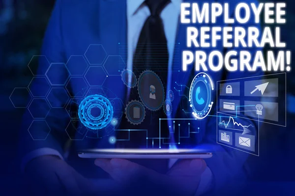 Writing note showing Employee Referral Program. Business photo showcasing internal recruitment method employed by organizations Male wear formal suit presenting presentation smart device. — Stock Photo, Image