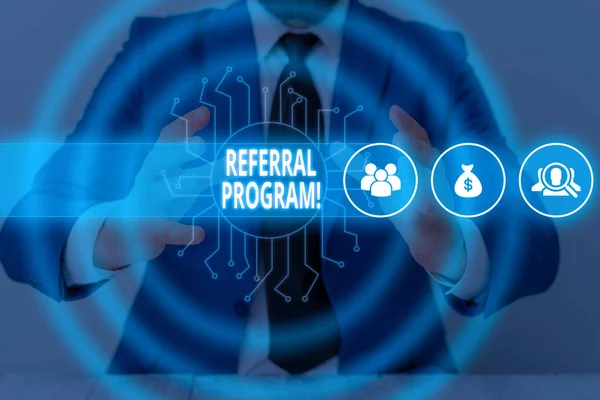 Text sign showing Referral Program. Conceptual photo internal recruitment method employed by organizations Male human wear formal work suit presenting presentation using smart device. — Stock Photo, Image