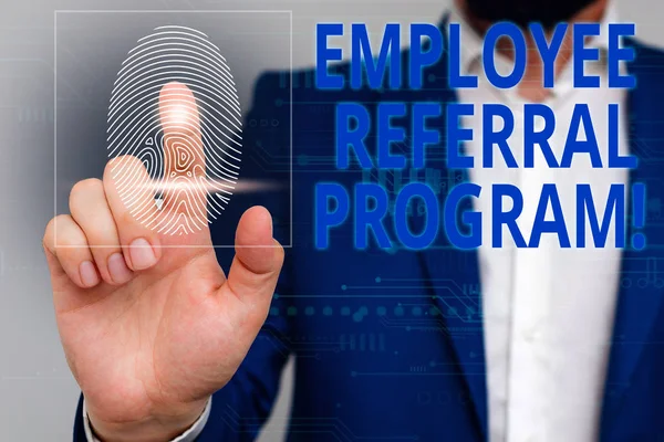 Text sign showing Employee Referral Program. Conceptual photo internal recruitment method employed by organizations Male human wear formal work suit presenting presentation using smart device. — Stock Photo, Image