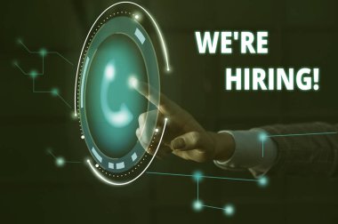 El yazısı metin Biz İşe Re. Kavram anlamı uygulamaları gözden geçirme ve adayları bulma süreci Lady el mavi sınama fütüristik modern teknoloji teknoloji bakmak iletişim sunan.